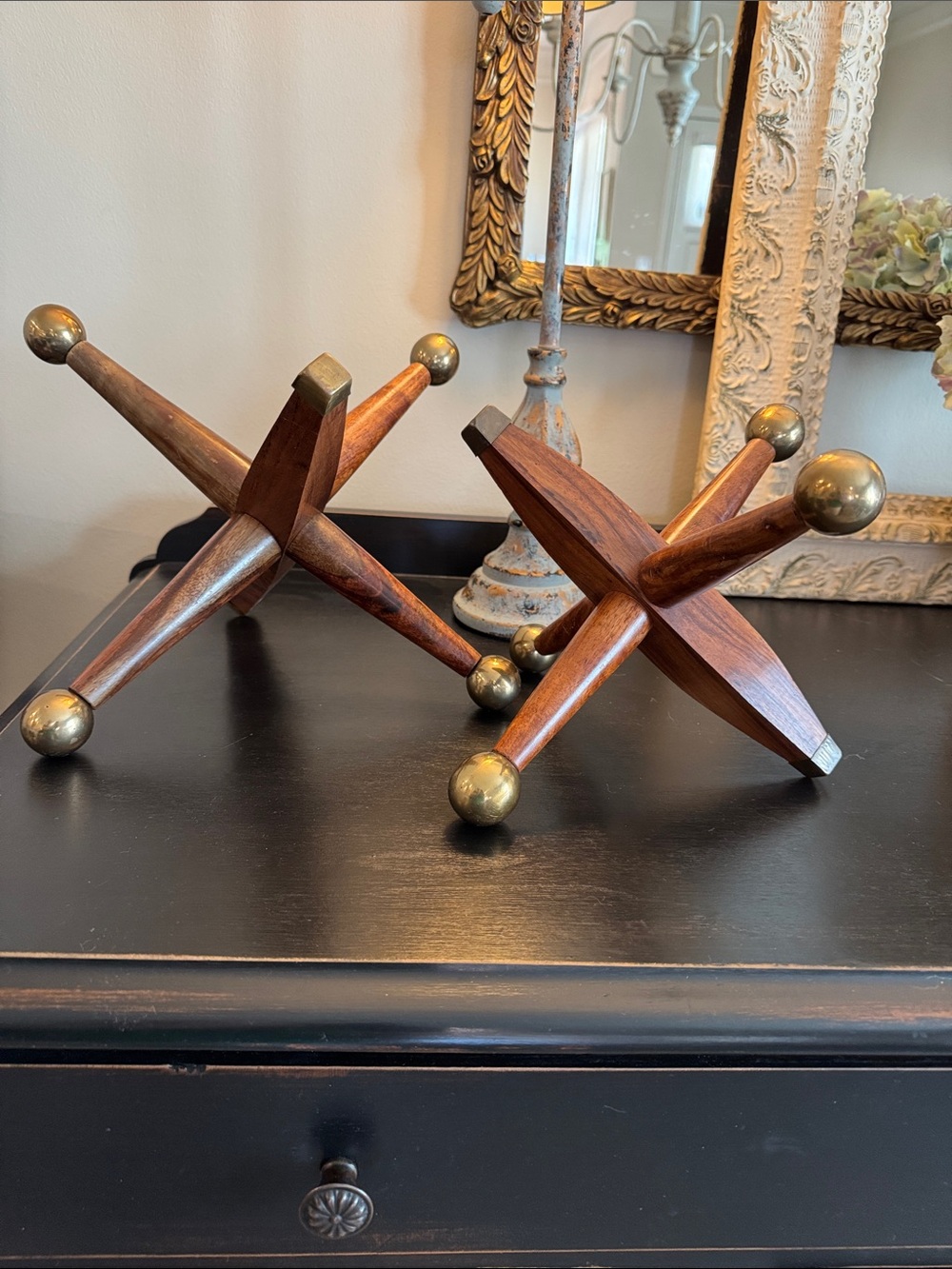 Source Unknown Mid-Century Wooden Jack Accents in Brown and Brass